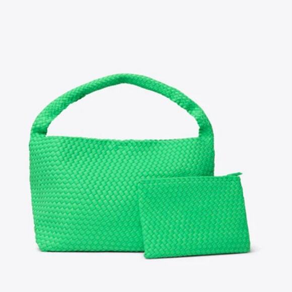Susana Monaco Woven Shoulder Hobo Bag Zing Neon Green Matching Pouch Large NEW - Picture 1 of 10